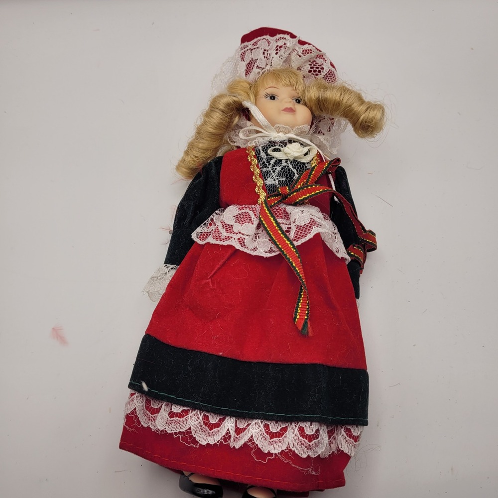 Vintage Porcelain Doll Red Velvet Lace Folk Dress Blonde Ringlets Collectible